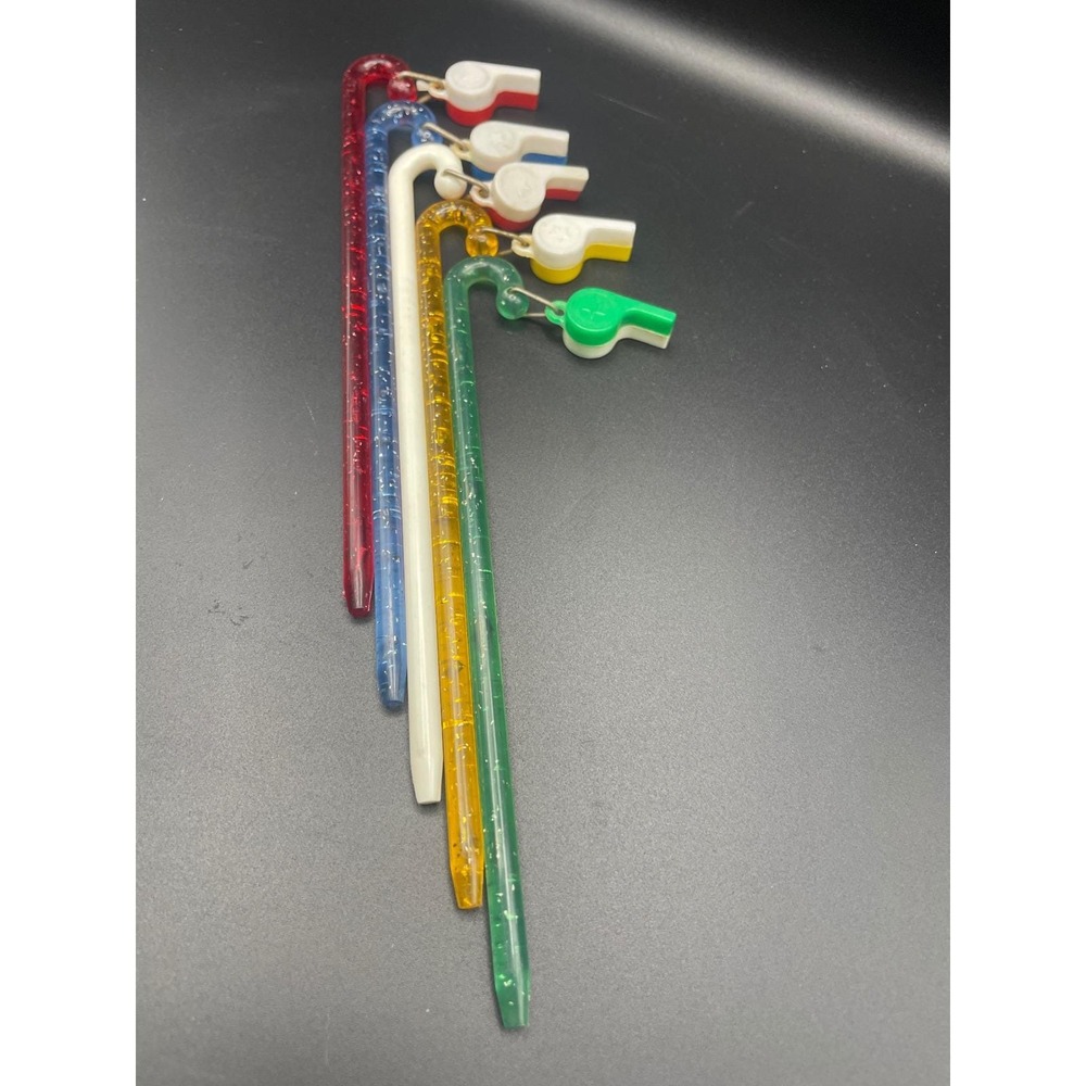 Vintage Plastic Whistle Swizzle Sticks Set of 5 Glitter Multi Color Barware Stir